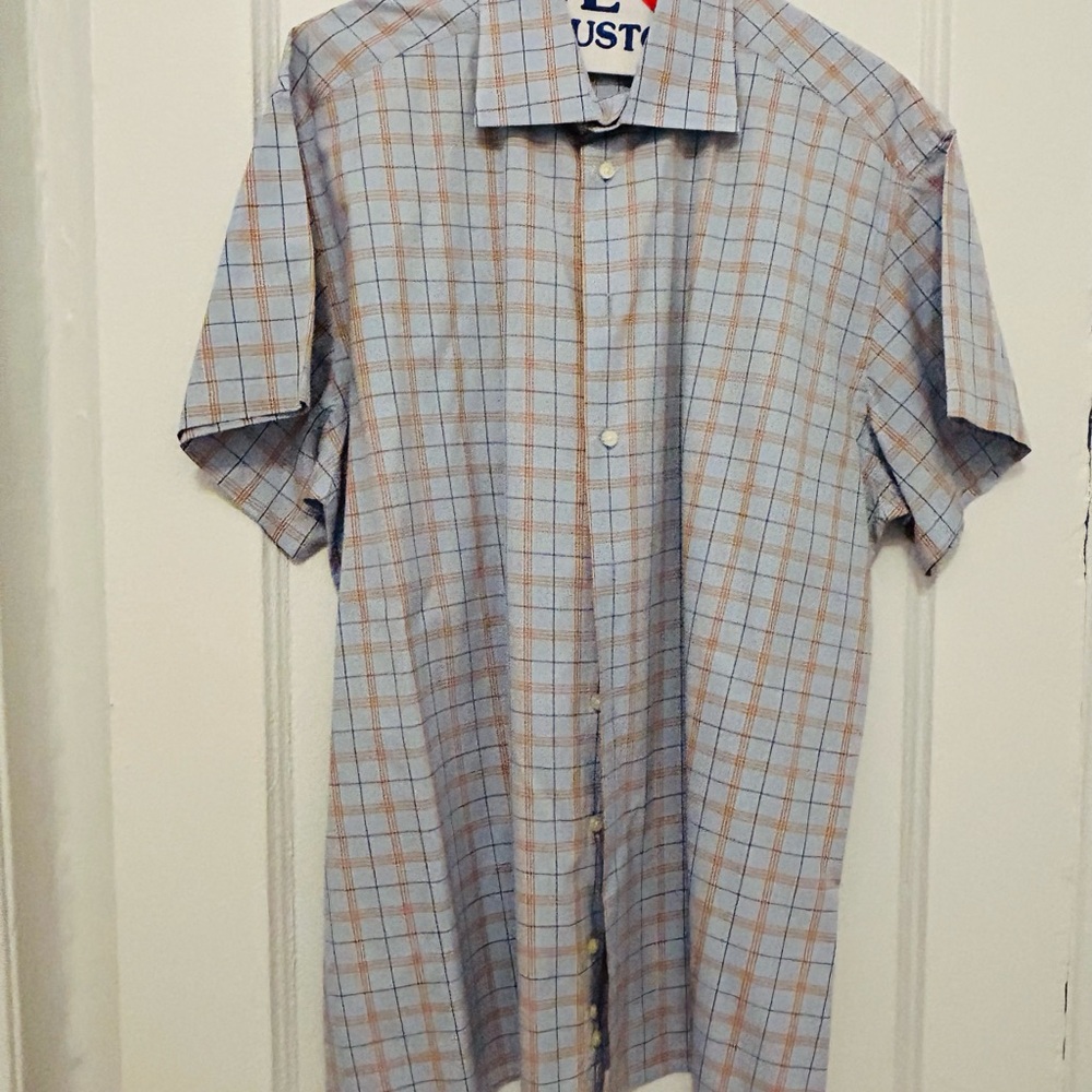 Light Blue and orange Plaid Short-Sleeve Button-Down Shirt
